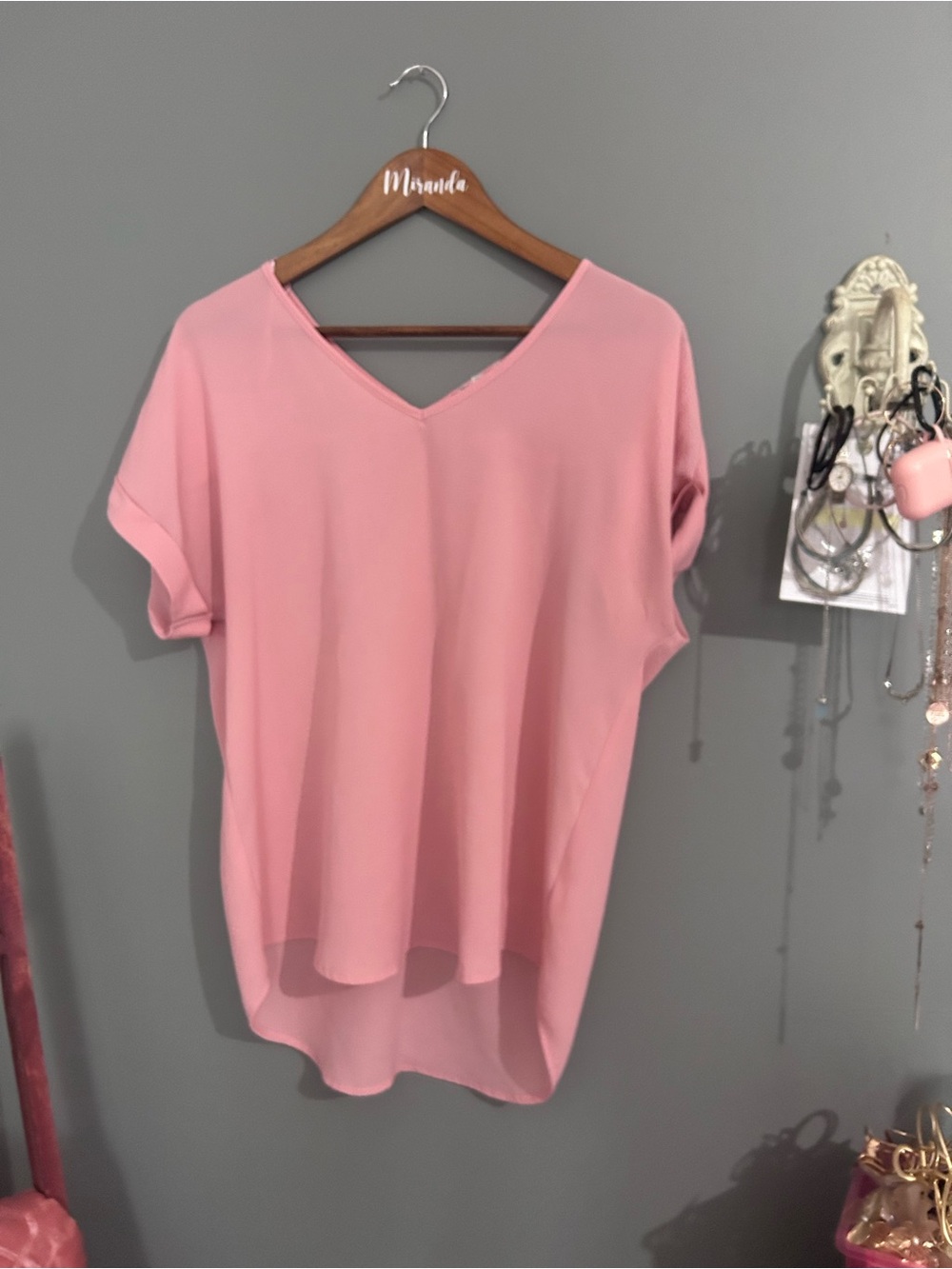 Pink Rose Pink V-Neck High-Low Short Sleeve Tunic